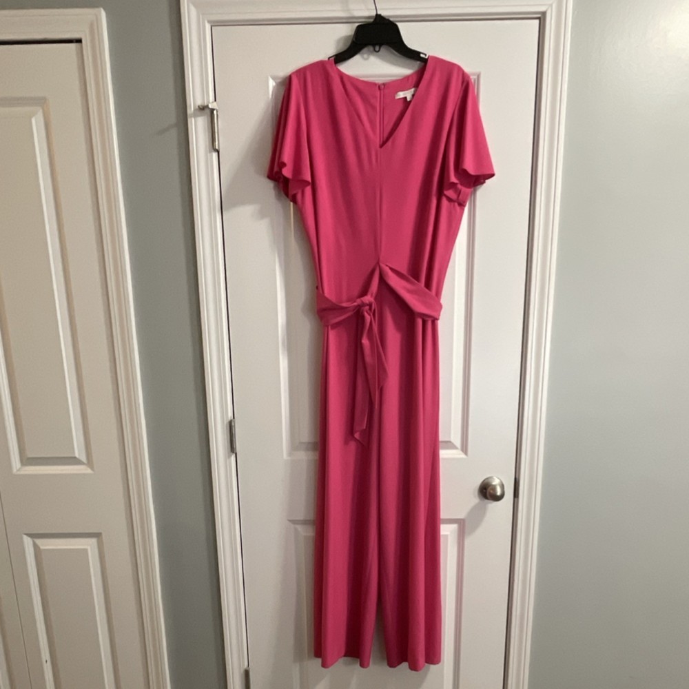 Preston & York Pink Belted Wide-Leg Jumpsuit V-Neck Short Sleeve Size 14