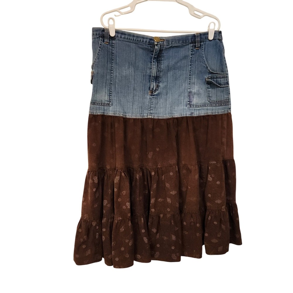 Vintage Studio West Denim Brown Tiered A-Line Maxi Skirt Size Boho Y2K Size 1X