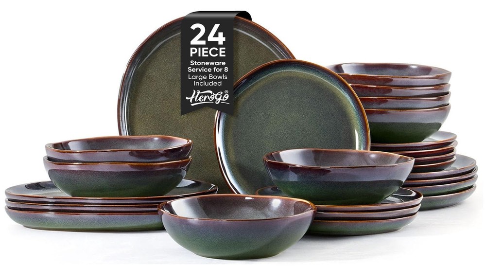 Herogo Stoneware Dinnerware Sets for 8, 24 Piece Plates and Bowls Dish Set, I...