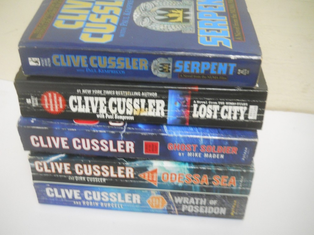 Lot of 5 Vintage Novels by Clive Cussler normal wear,  no duds ~ Ships Boxed