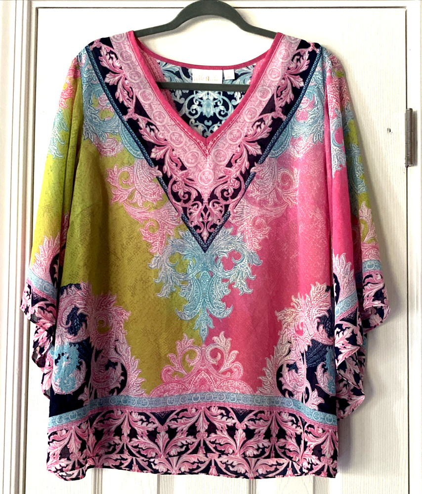 Womens Pink Sheer Paisley Print Boho Top Blouse By Belle Kim Gravel Large Euc
