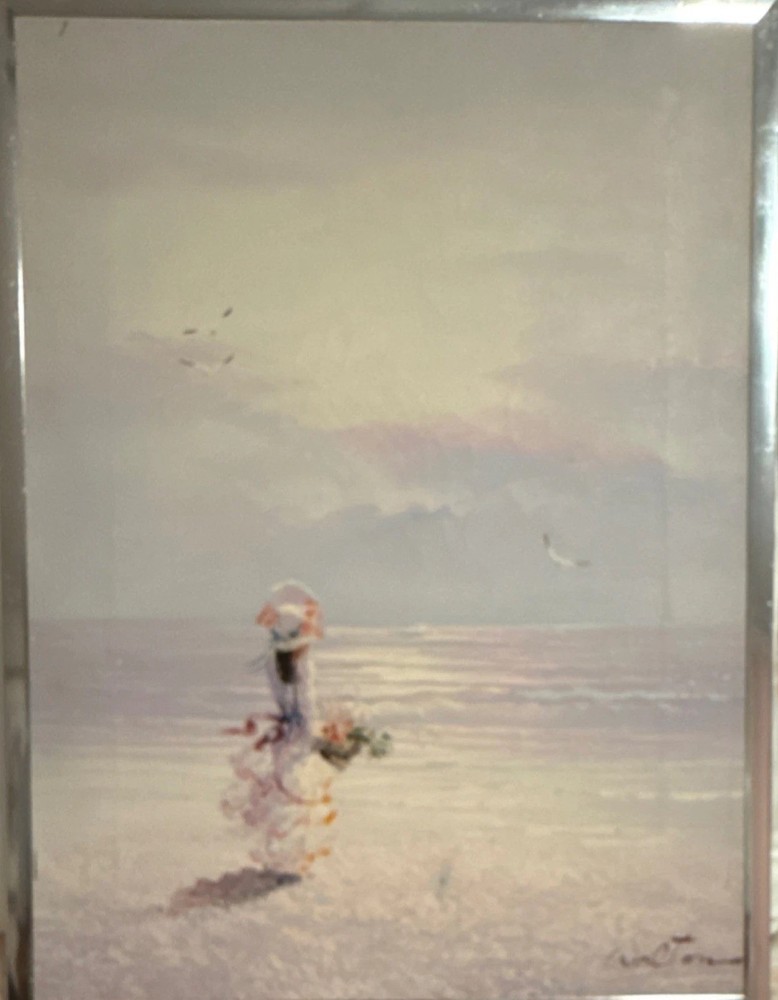 Walton Impressionist Seascape Woman Beach Painting on Canvas Framed Signed