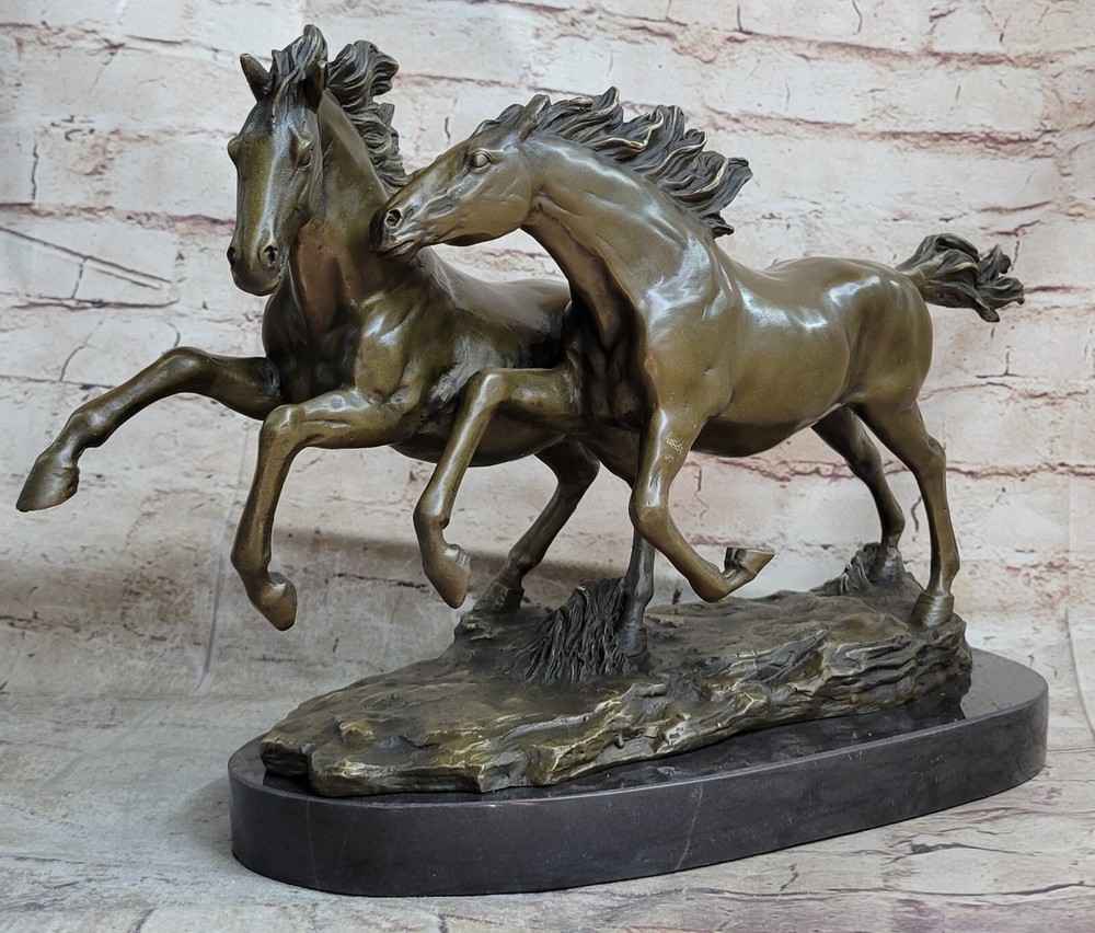 Bronze Wild Horses Marble base signed Statue Sculpture Figurine Hot cast Figure