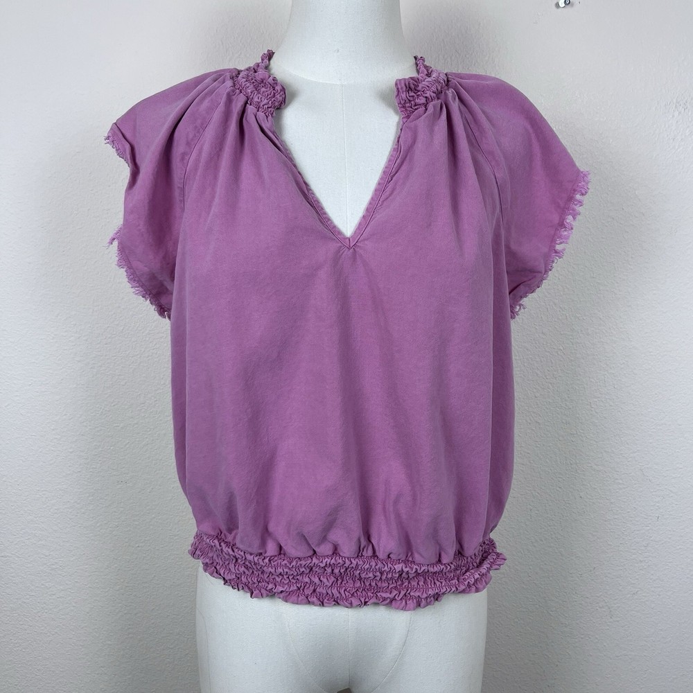Anthropologie Cloth and Stone Top Womens Medium V Neck Smocked Boho Peasant Pink