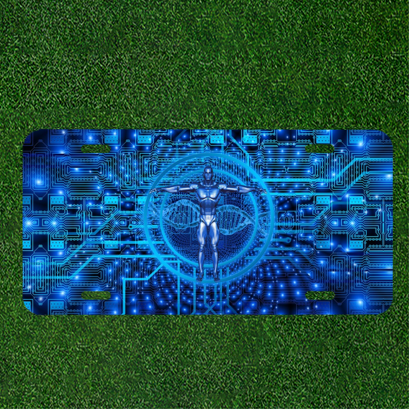 Custom Personalized License Plate Auto Tag With Robot Man Blue Design Art
