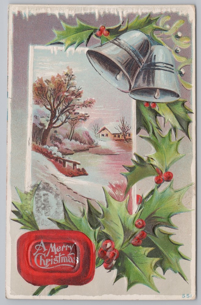 Holiday~Christmas~Silver On Red Wax Seal~Icy Winter Inset~Bells~Holly~Emb~Vtg PC