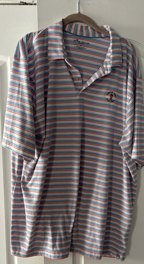 Peter Millar Men’s Seaside Wash Golf Polo Shirt - White/Blue/orange Stripes XL