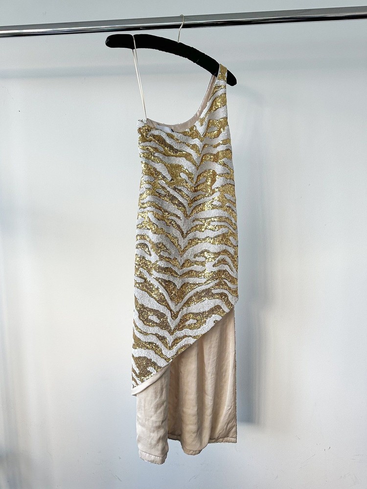 Halpern Tiger Gold White Sequin One Shoulder 70s Party Midi Dress BNWT UK 14