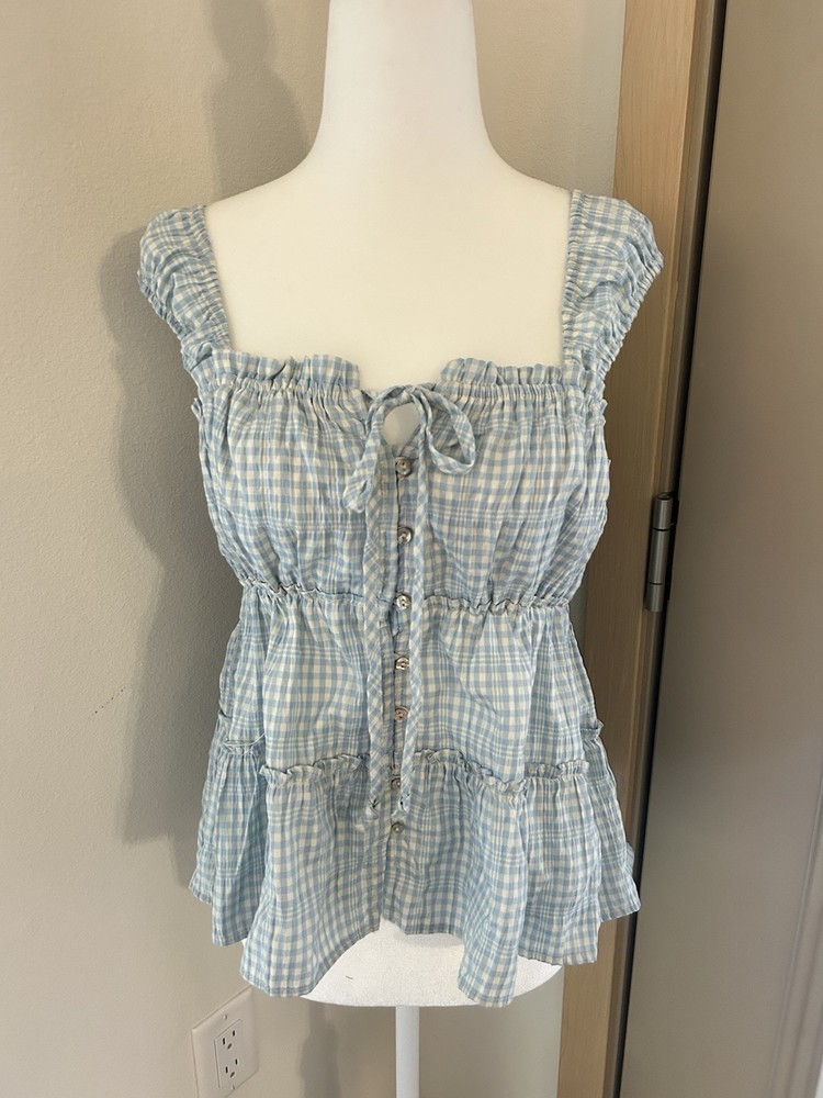 Pastel Blue Gingham Tiered Babydoll Top Coquette Cottagecore Farm Feminine