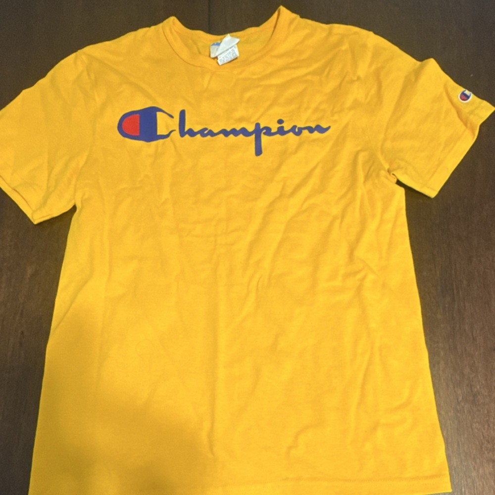 Champion Yellow Graphic Logo Cotton Crew Neck Short Sleeve Men's T-Shirt Size S