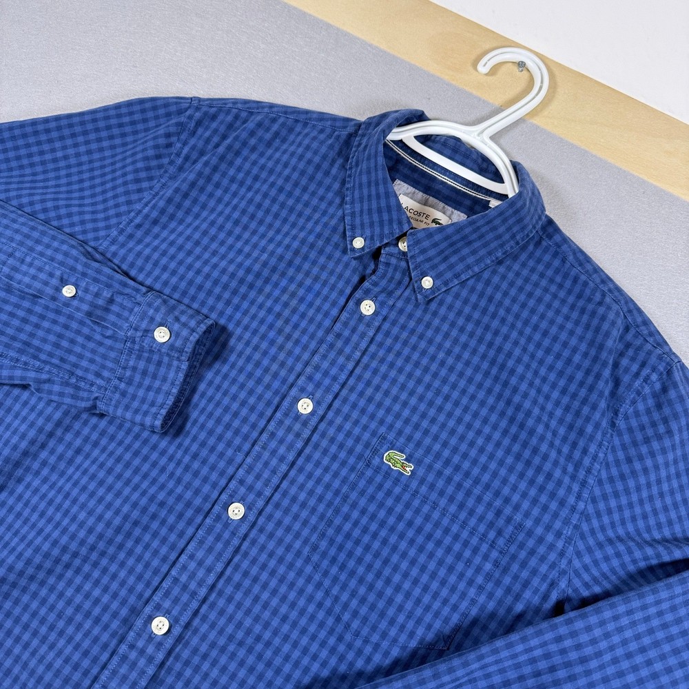 Lacoste Mens Button Down Gingham Poplin Regular Fit Medium Blue Cotton Shirt