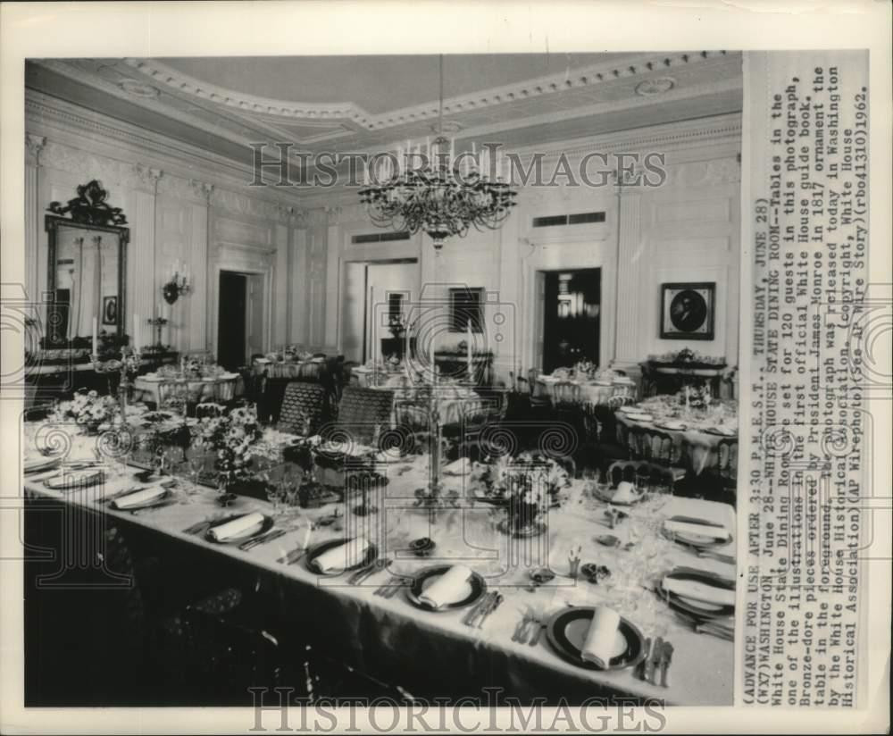 1962 Press Photo Table Setting at the White House State Dining Room, Washington