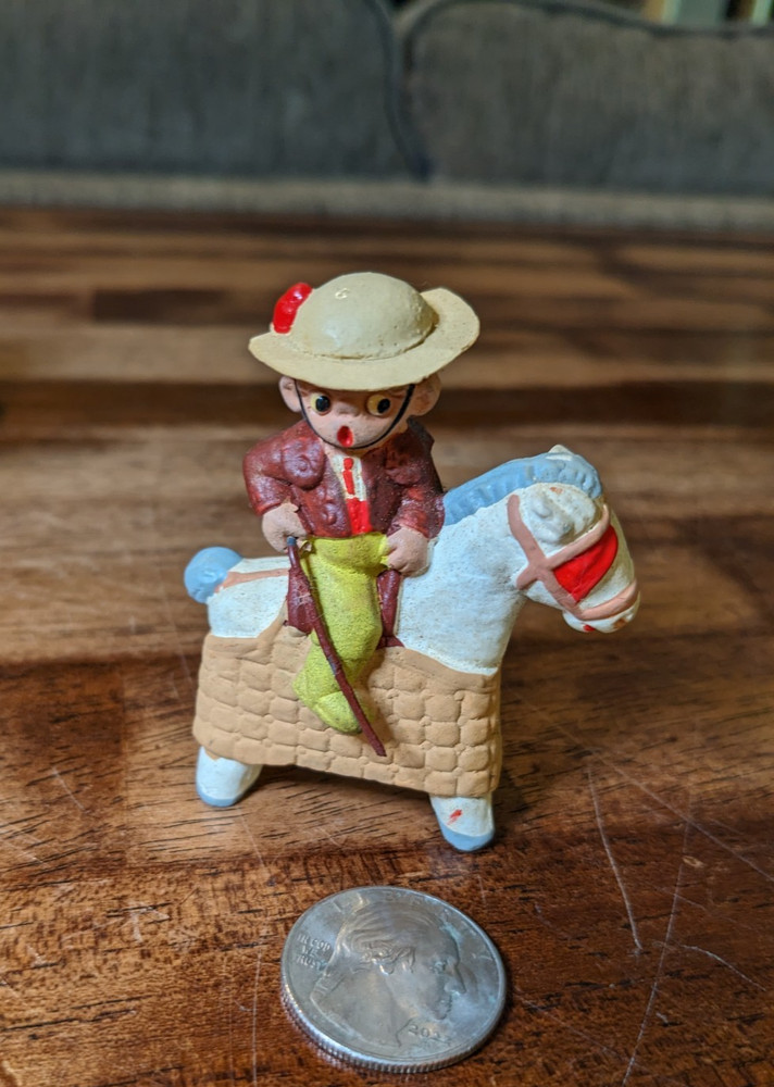 Miniature Spanish mud people man on Horse European villager terra-cotta pottery