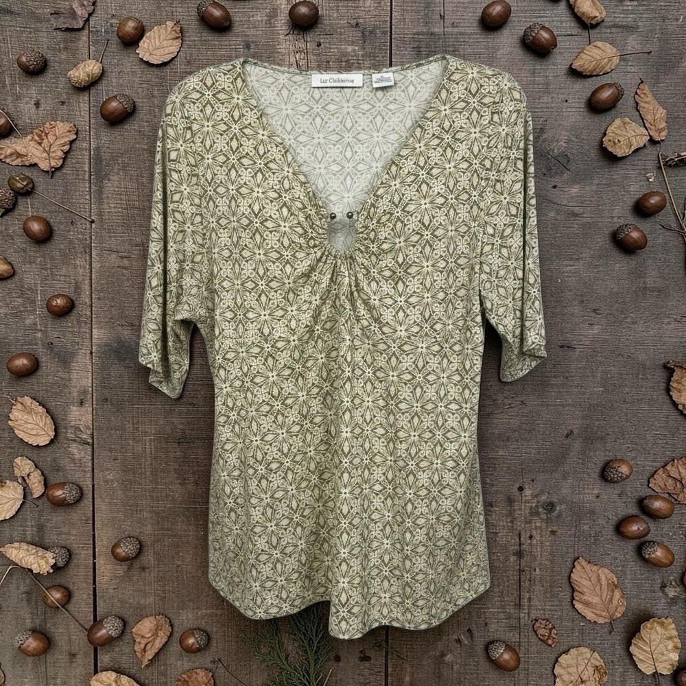 Liz Claiborne Women's Green Geometric V-Neck 3/4 Sleeve Tunic Top L