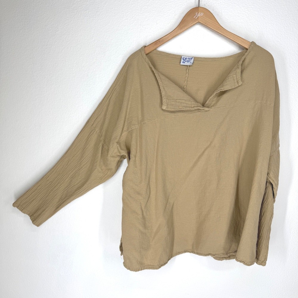Oh My Gauze Tan Cotton Gauze Split Neck Long Sleeve Top Boho Lagenlook Tan