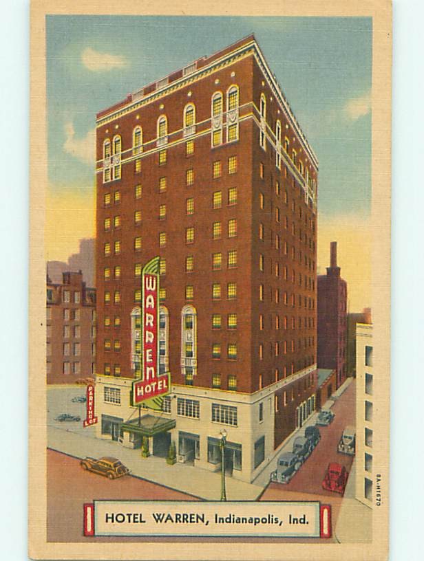 Unused Linen OLD CARS & WARREN HOTEL Indianapolis Indiana IN  u8542