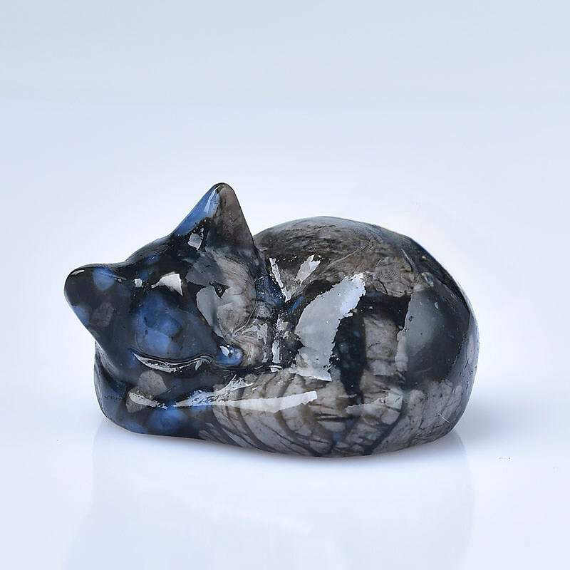 Natural Blue Amphibole Quartz Crystal Carved Sleeping Cat Gemstone Animal Decor