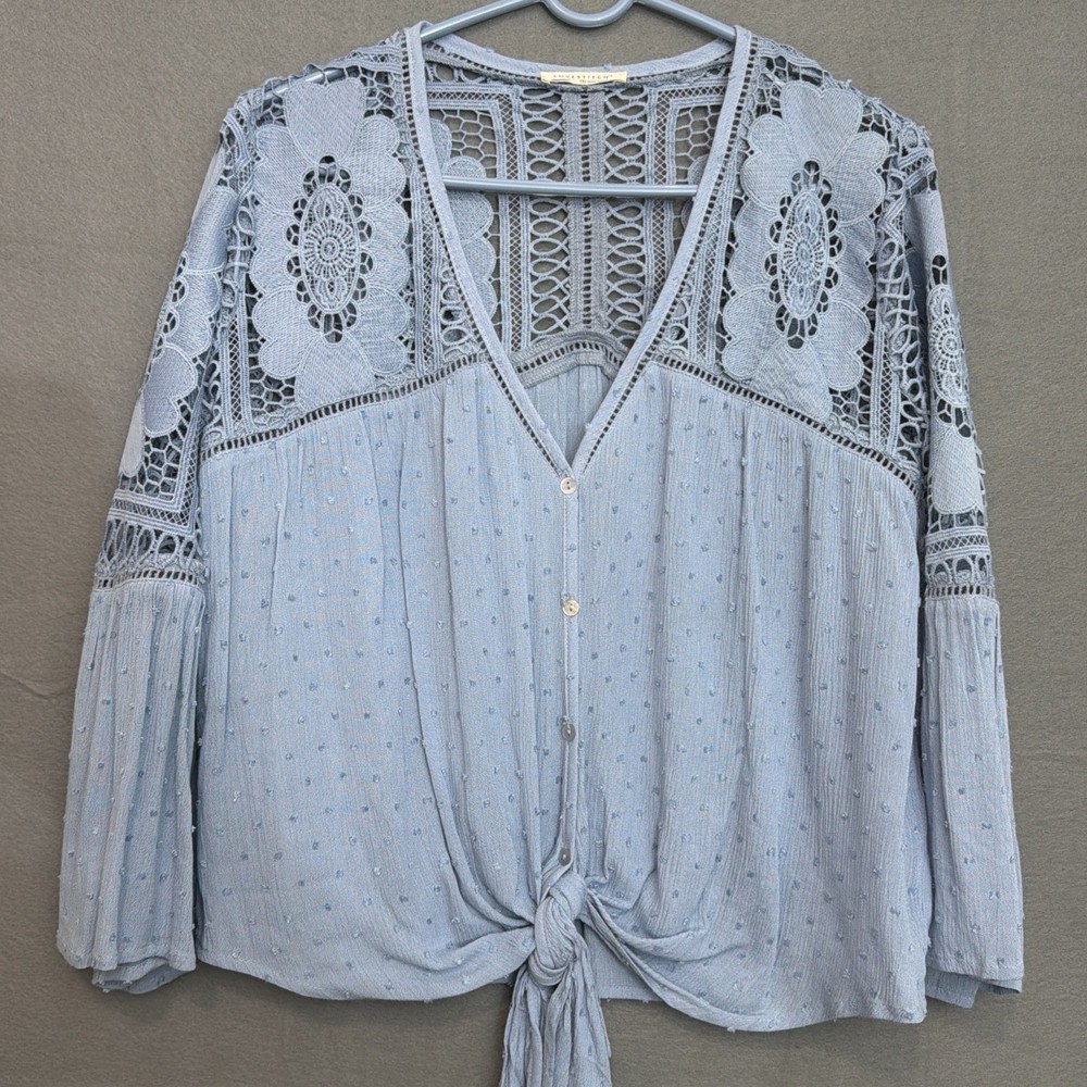 Love Stitch Wms SZ L Blouse Boho Flowy Swiss Dot V-Neck Tie Front T16