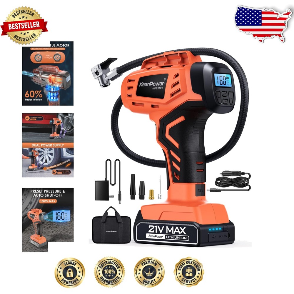 Portable 21V Tire Inflator Air Compressor - Rechargeable & Car Adapter Included