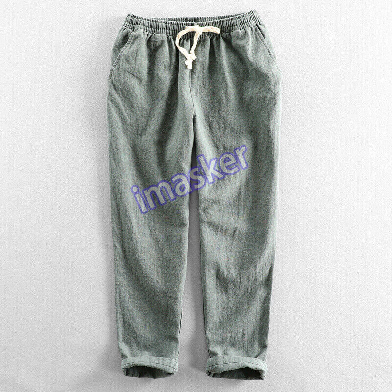 New Spring Chinese Style Men's Casual Linen Solid Color Pants Loose Cropped Pant
