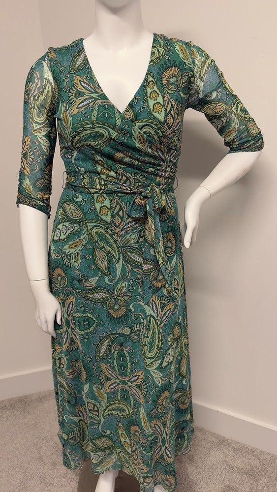 Willow & Rose Green Paisley Wrap Style Midi Dress Women’s Size M EUC
