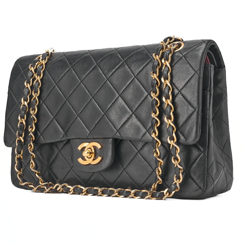 CHANEL Matelasse Double Flap 25cm Black Lambskin Shoulder Bag with Chain 799301
