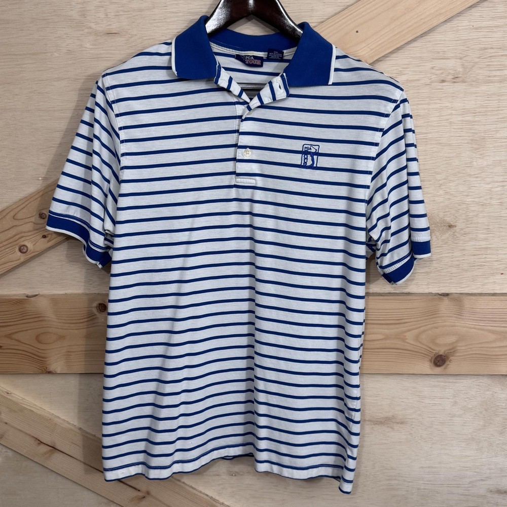 PGA Tour Golf Polo Shirt Men's Small Striped Blue White Short Sleeve