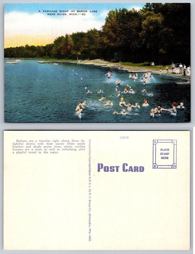 Baron Lake Niles Michigan Postcard Bathers Swimming Beach E. C. Kropp