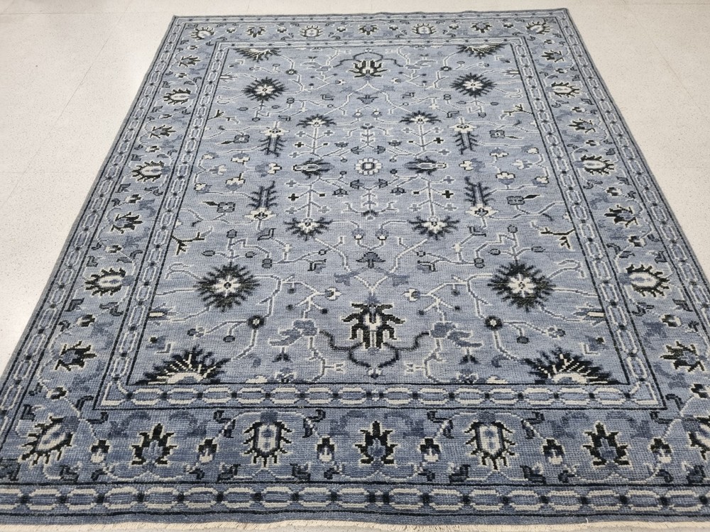 Hand Knotted Oushak Area Rug 100% Wool, Light Blue Grey Oriental Floral Carpet