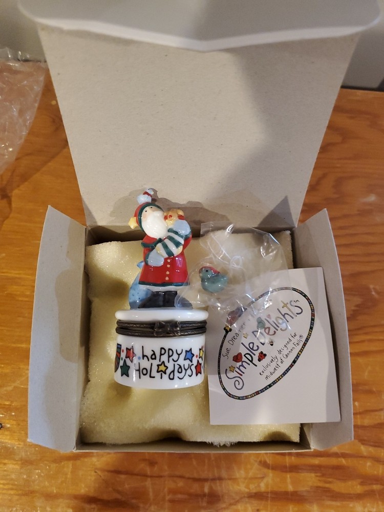 PHB Collection Happy Holidays Santa & Birds Hinged Porcelain Trinket Box w/ Bird