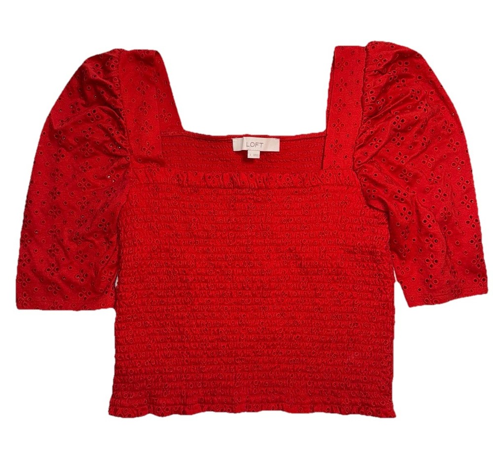 LOFT Smocked Puff 1/2 Sleeve Top Red Size Small Cotton Stretch Women’s