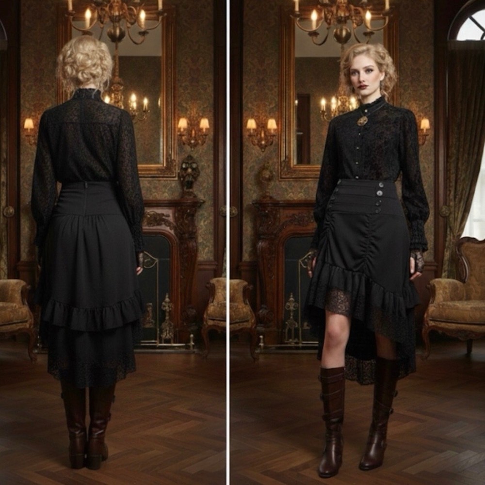 Steampunk Gothic Victorian SZ Medium Black Tiered Lace Asymmetric Hi Low Skirt