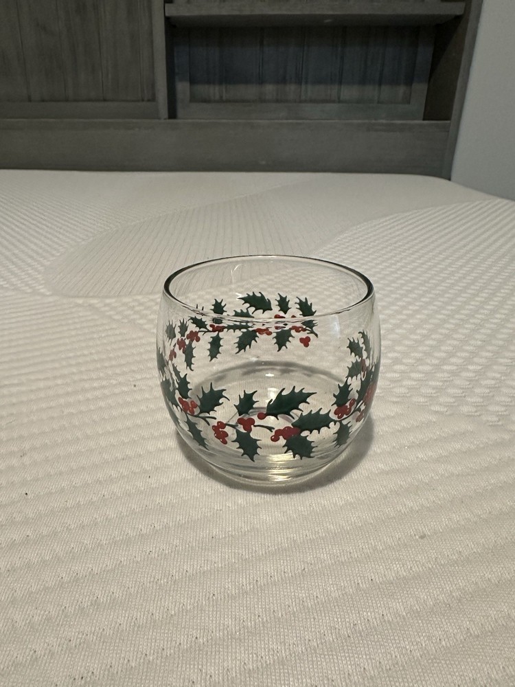 Vintage Libbey Holly and Berry Glass Votive Candle Holder
