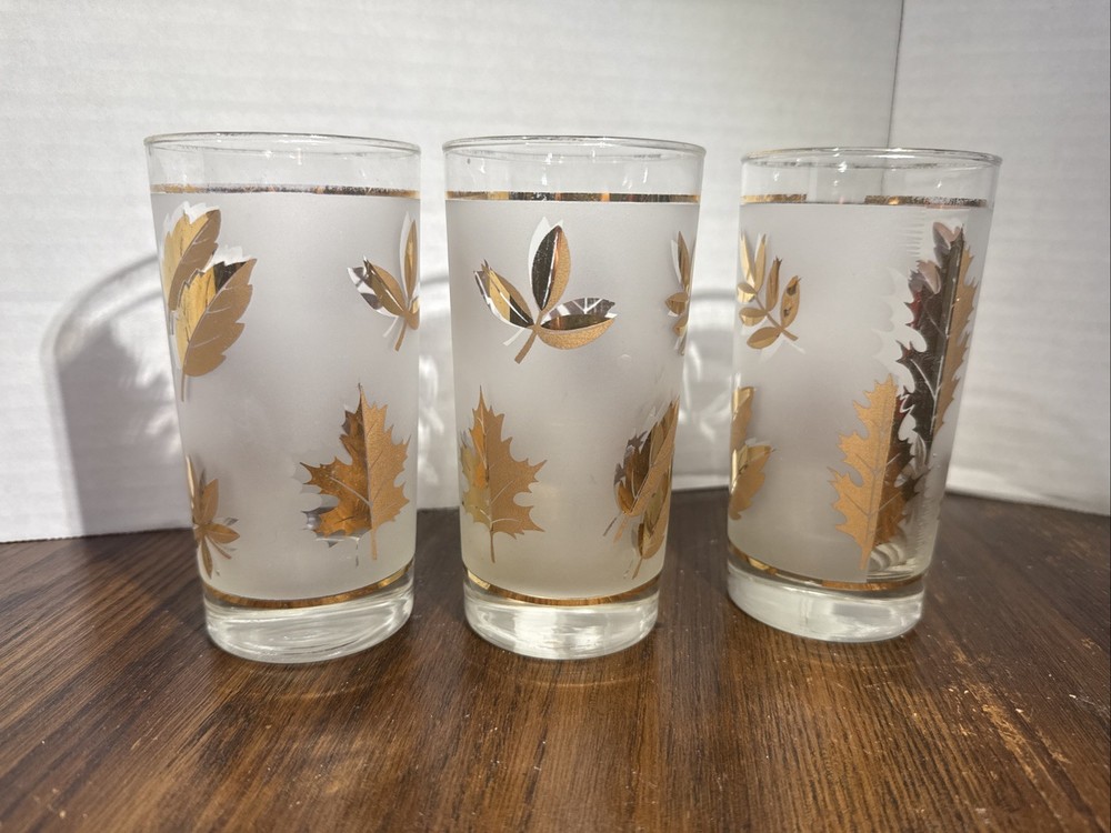Vintage Libbey Golden Foliage Frosted Gold Leaf Tumblers Set of 3 MCM 1960s