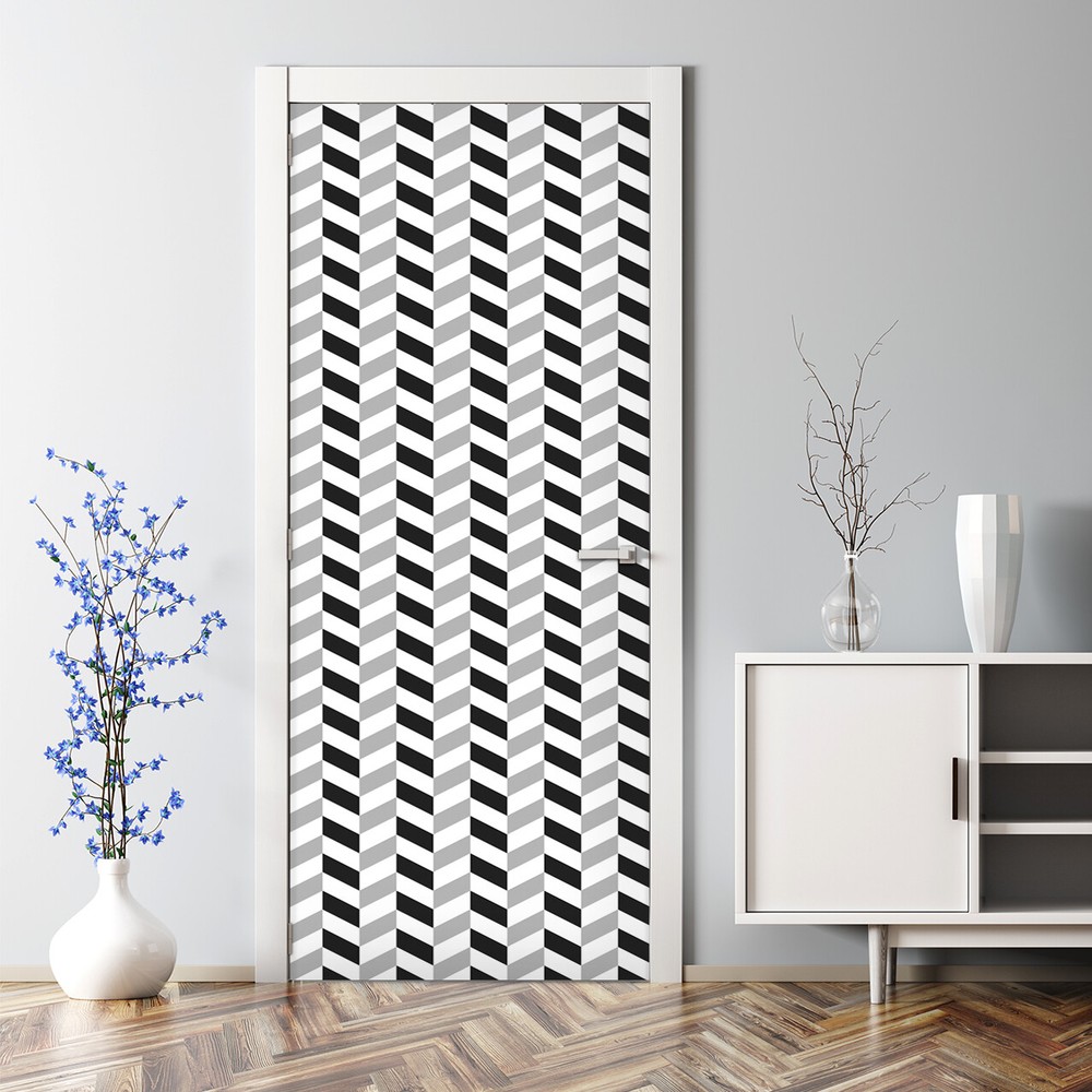 Herringbone Black and White Pattern Bubble Free Door sticker Modern Decal