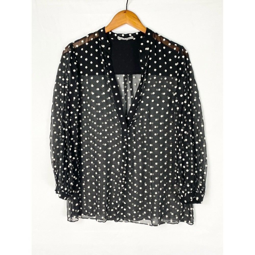 Alice + Olivia Embroidered Floral Blouse Black Sheer Long Sleeve Size Medium