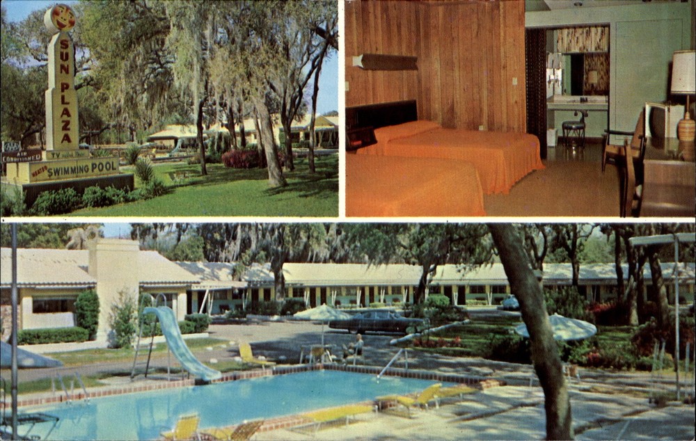 Sun Plaza Motel ~ Silver Springs Florida FL ~ 1950s car ~ pool slide