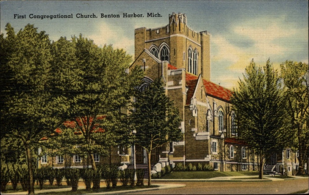 First Congregational Church Benton Harbor Michigan bell tower ~ 1940s linen