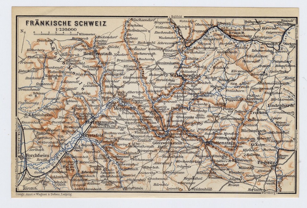 1910 Antique Map Of Franconian Switzerland Ebermannstadt Pegnitz Bavaria Germany