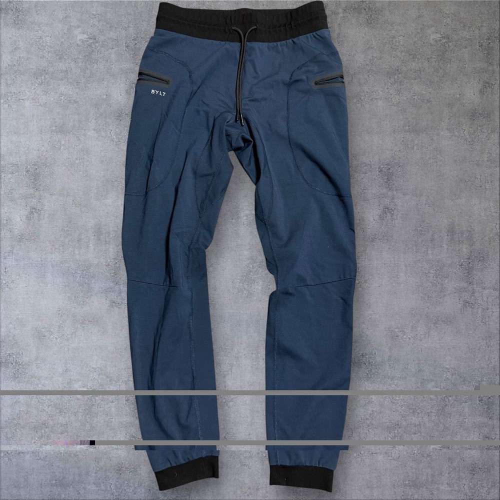 BYLT Premium Jogger Pants Mens M Navy Elastic Waist Zip Pocket Athletic Stretch