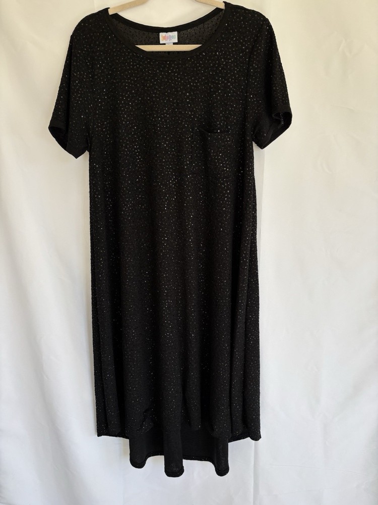 LuLaRoe Hi Low Carly Dress BLACK Sparkly Simmer Glitter Short Sleeve-LARGE