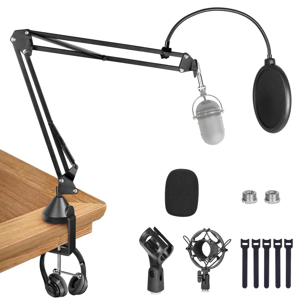 Adjustable Heavy Duty Portable Tripod Mic Stand with 2 Clips and Pop Filter f...