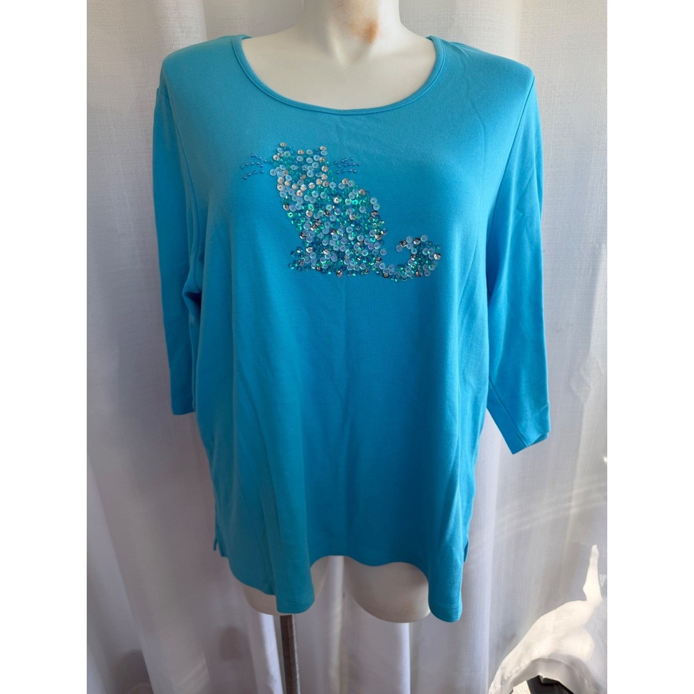 Quacker Factory Sequin Cat Shirt Size 2X Turquoise Blue Cat Lover Top