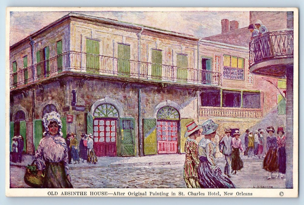 1940 New Orleans Louisiana Postcard Old Absinthe House Painting St Charles Hotel-image