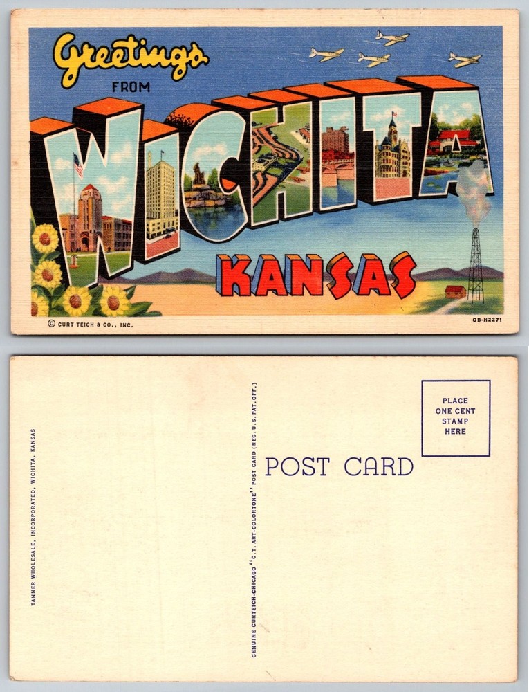 Greetings from Wichita Kansas Large Letter Postcard Curteich Colortone Oil