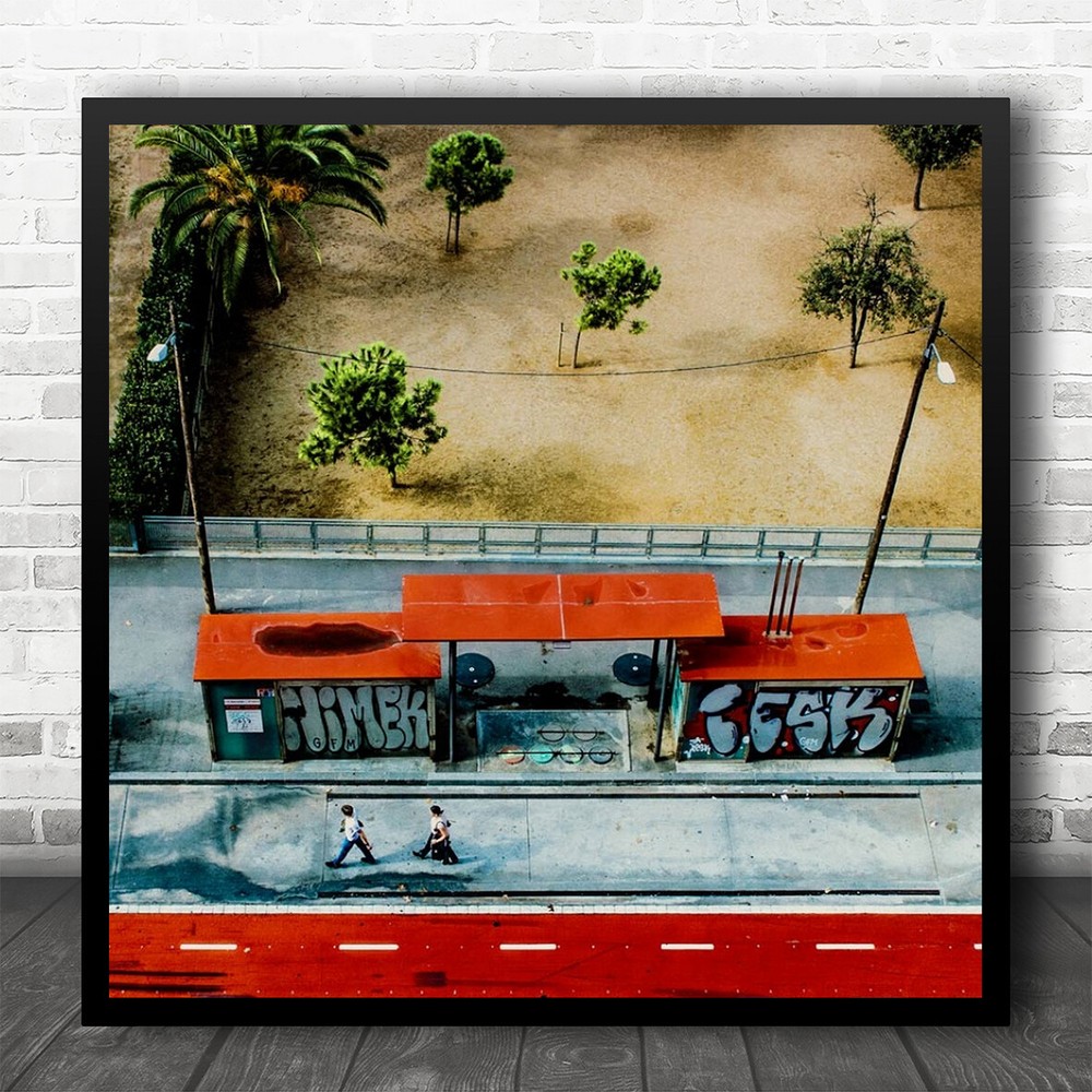 Red Street Sidewalk Walk Walking Bus Stop Roof Aerial Park Palm Square Art Print