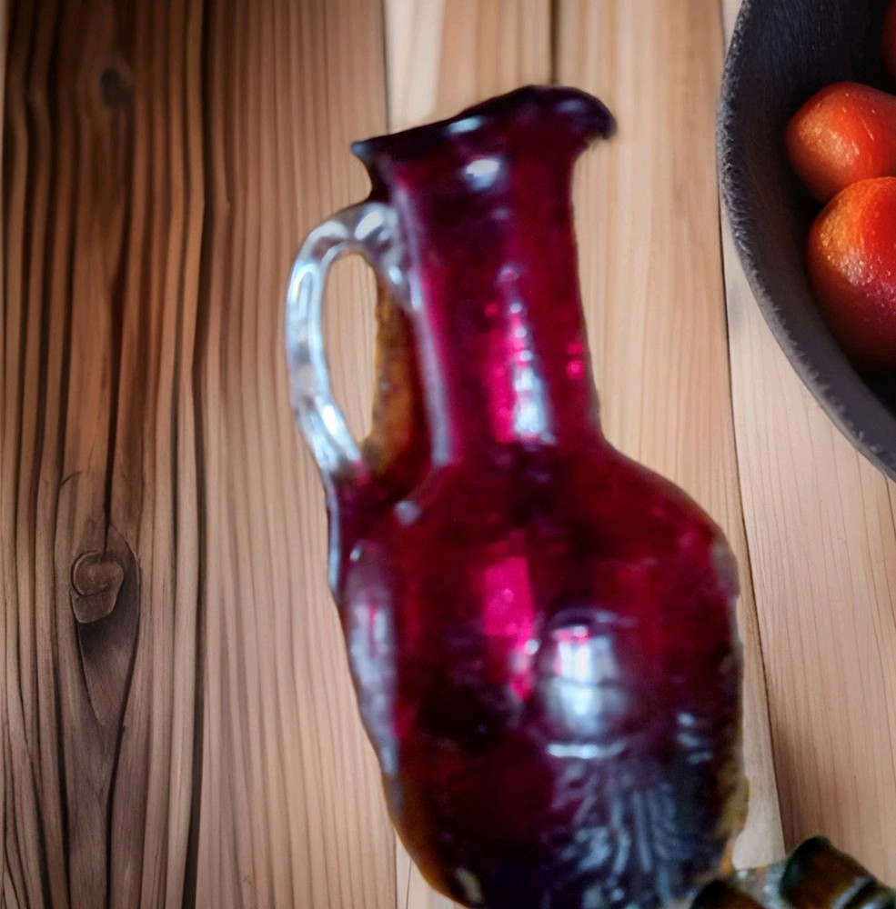 Vintage Ruby Red Crackle Glass Hand Blown Art  Mini  Jug Clear Handle Bud Vase