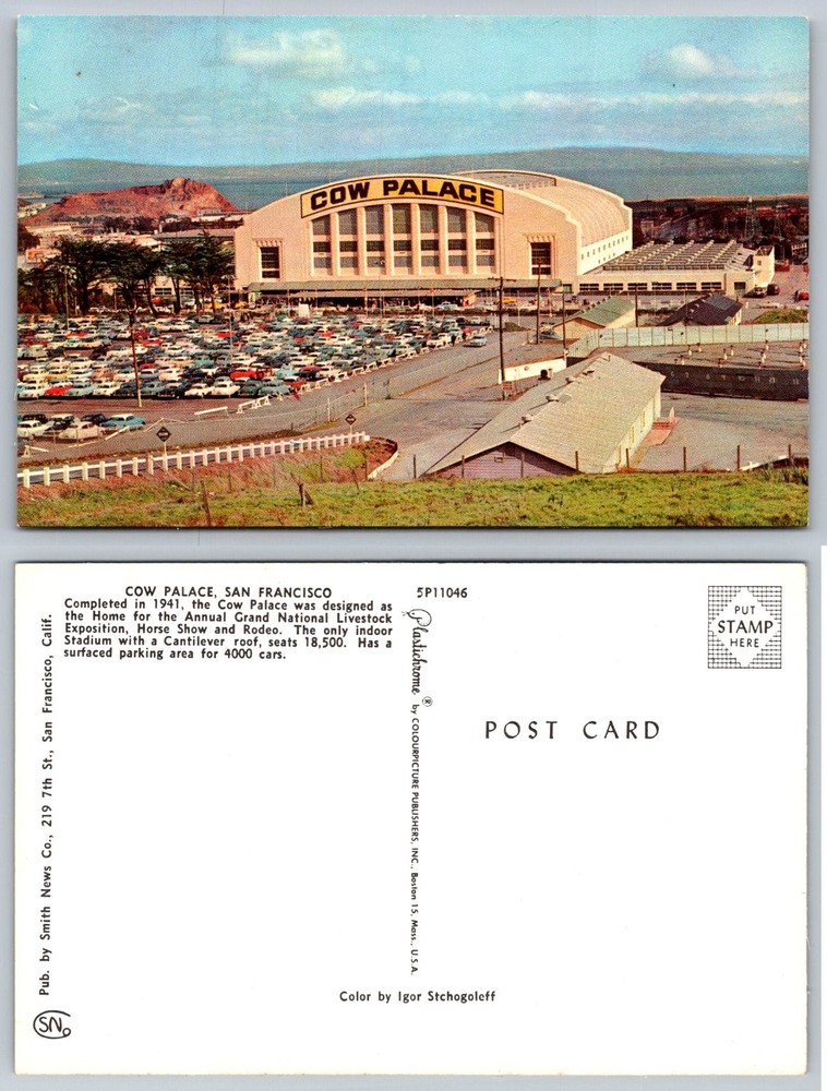 Vintage Cow Palace San Francisco CA Postcard Plastichrome 1950s Cars