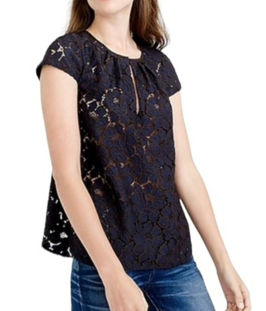 J Crew Floral Lace Cap Sleeve Blouse with Keyhole Detail in Navy or Black Size 2