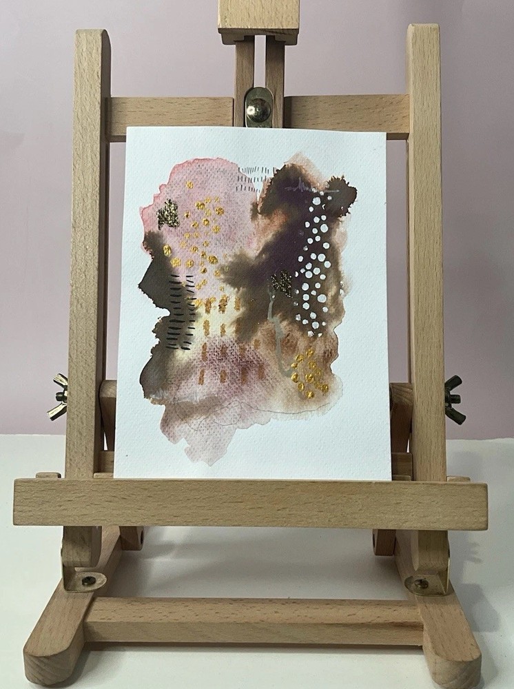 ACEO Original Watercolor Abstract  5 x 7 Painting Art Card With Gold Signed-image